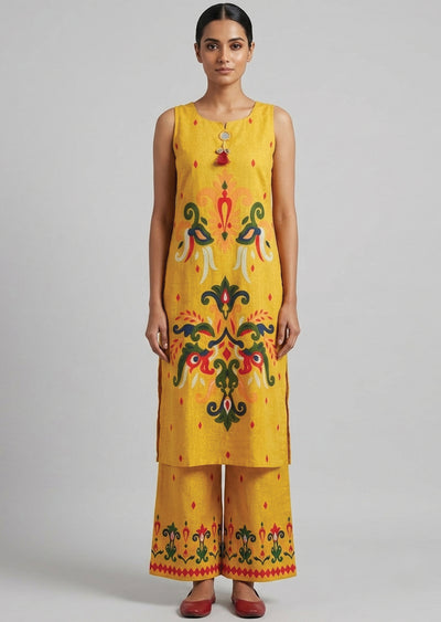 Yellow Cotton Straight cut Kurti set