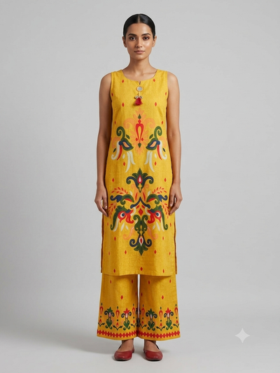 Yellow Cotton Straight cut Kurti set