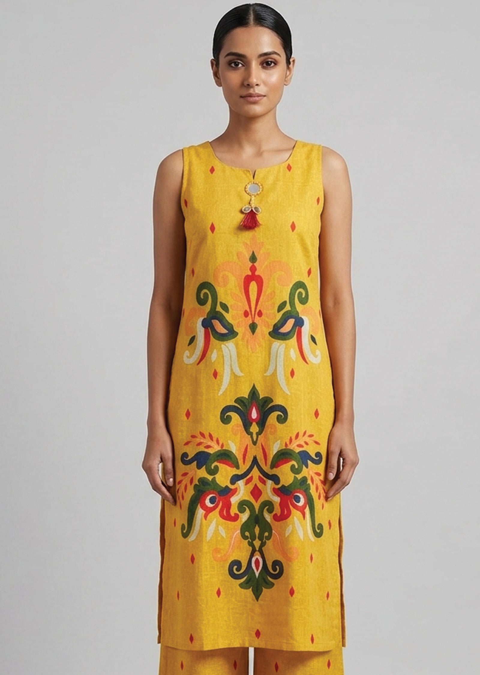 Yellow Cotton Straight cut Kurti set