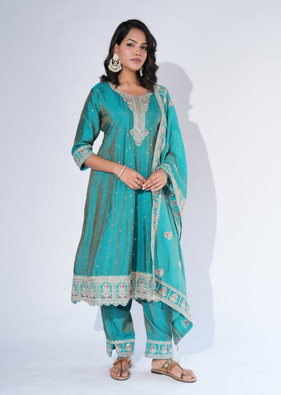 Rama Green Silk Anarkali Suit