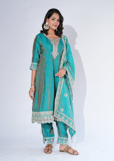 Rama Green Silk Anarkali Suit