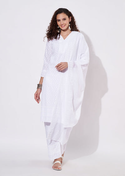 White Cotton Straight cut Suit