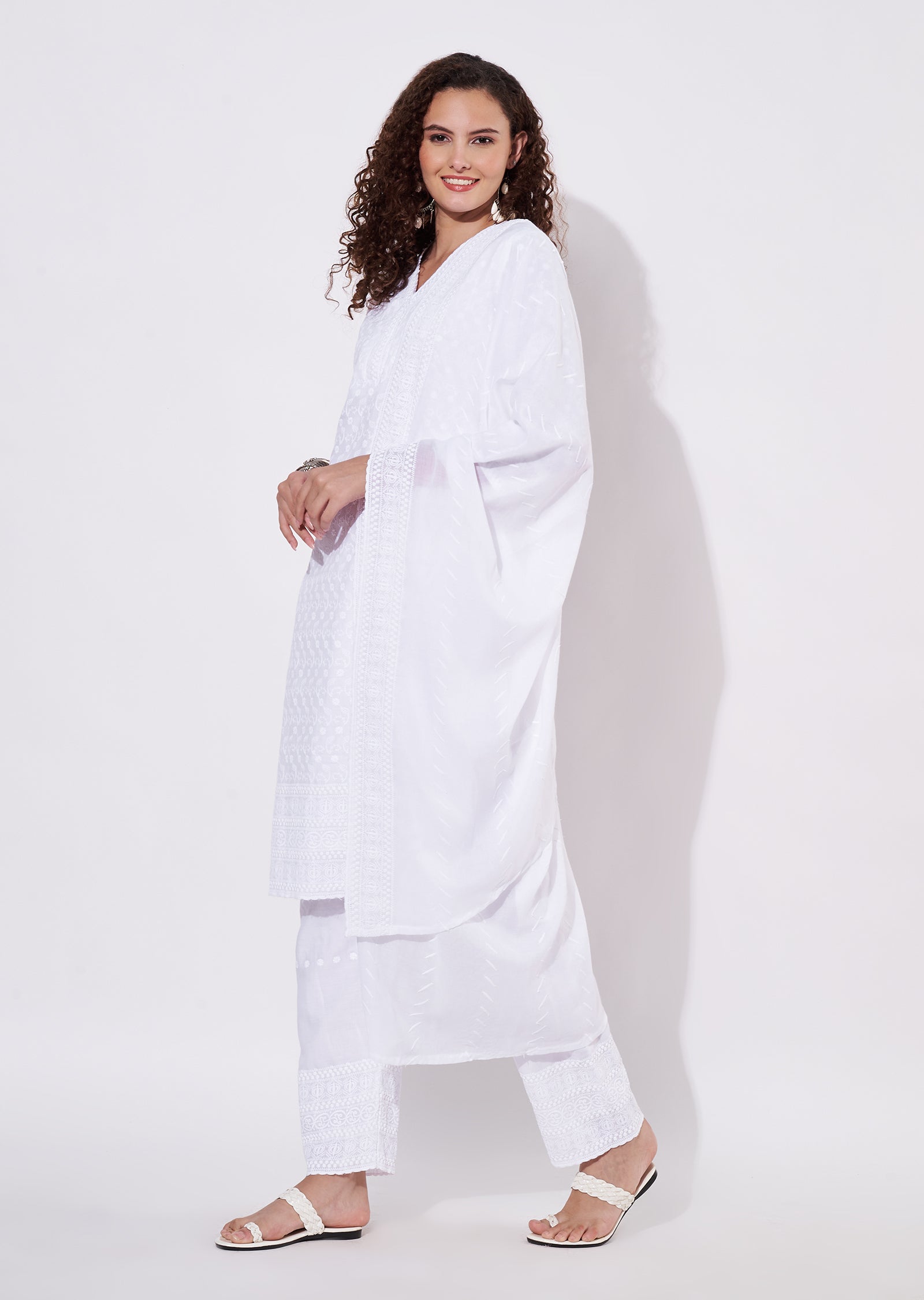 White Cotton Straight cut Suit