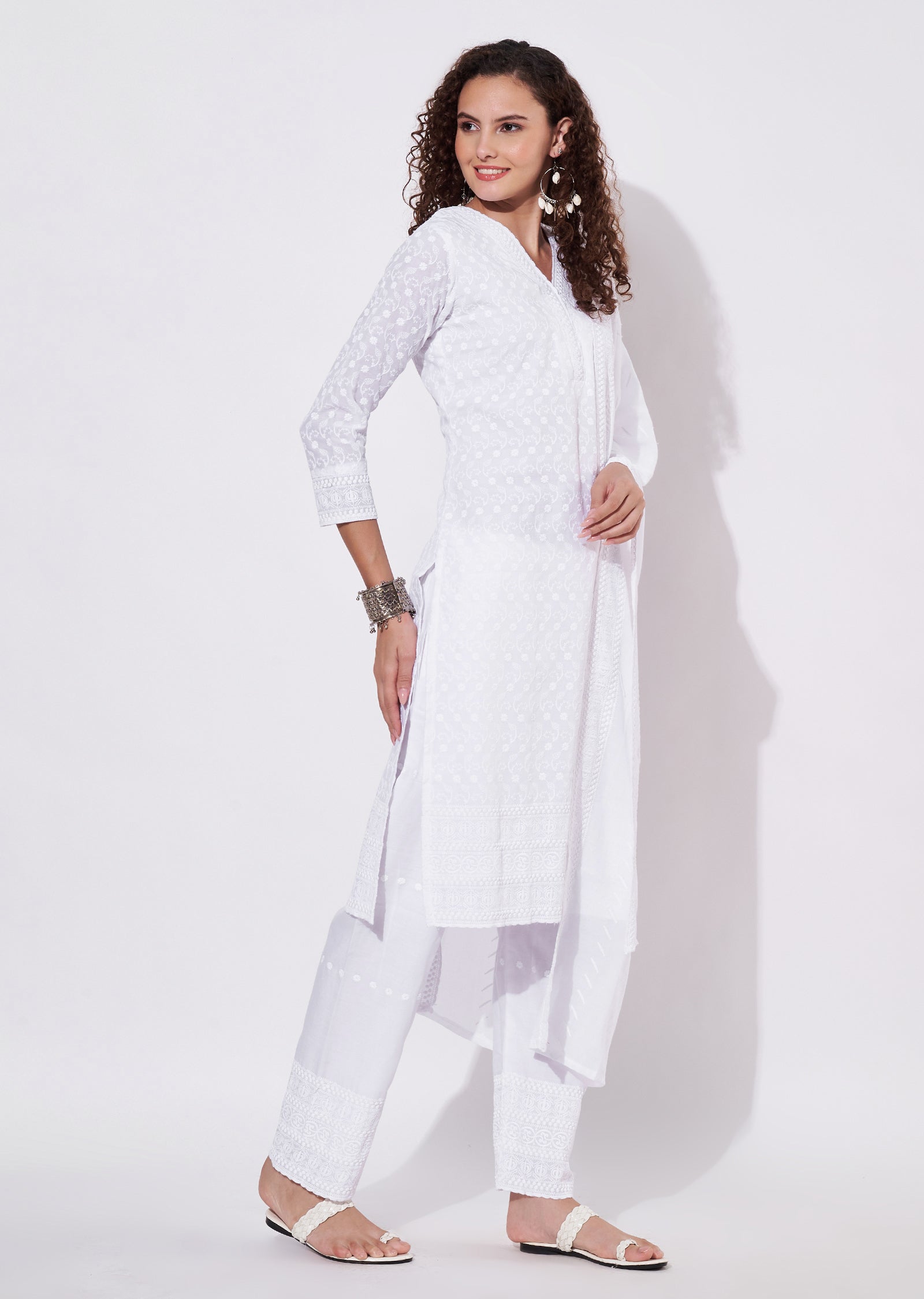 White Cotton Straight cut Suit