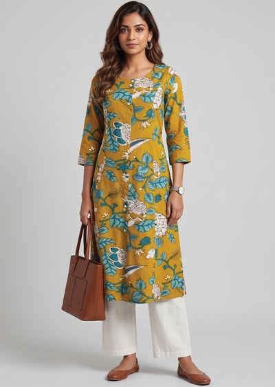 Mustard Printed Cotton Kurti Set