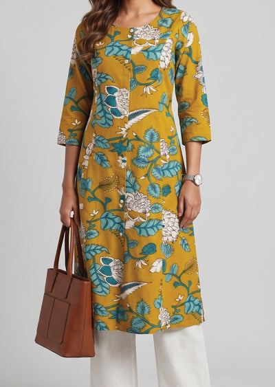 Mustard Printed Cotton Kurti Set
