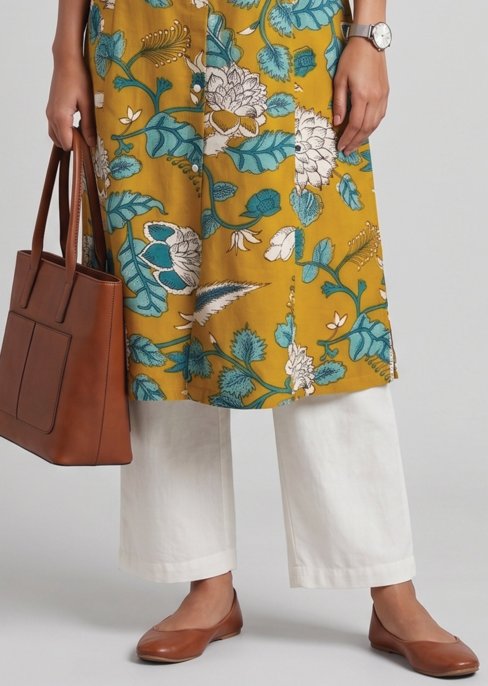 Mustard Printed Cotton Kurti Set