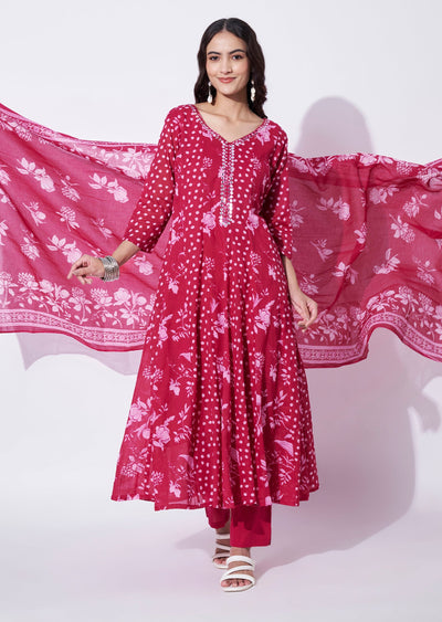 Rani Pink Cotton Anarkali Suit