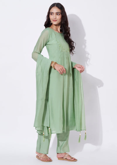 Green Mul Chanderi Anarkali Suit