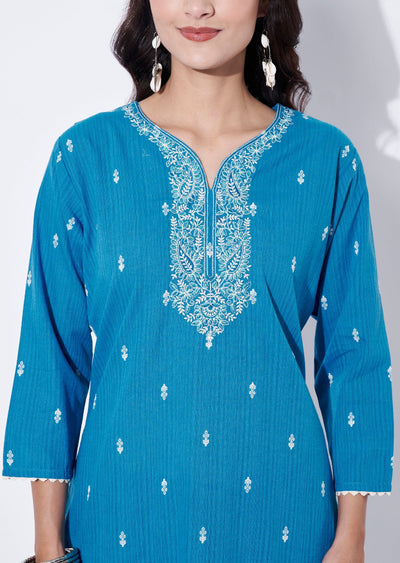 Blue Cotton Straight cut Suit