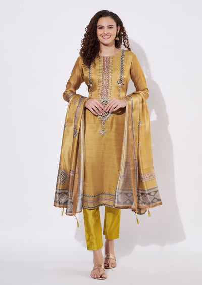 Green Tussar Anarkali Suit