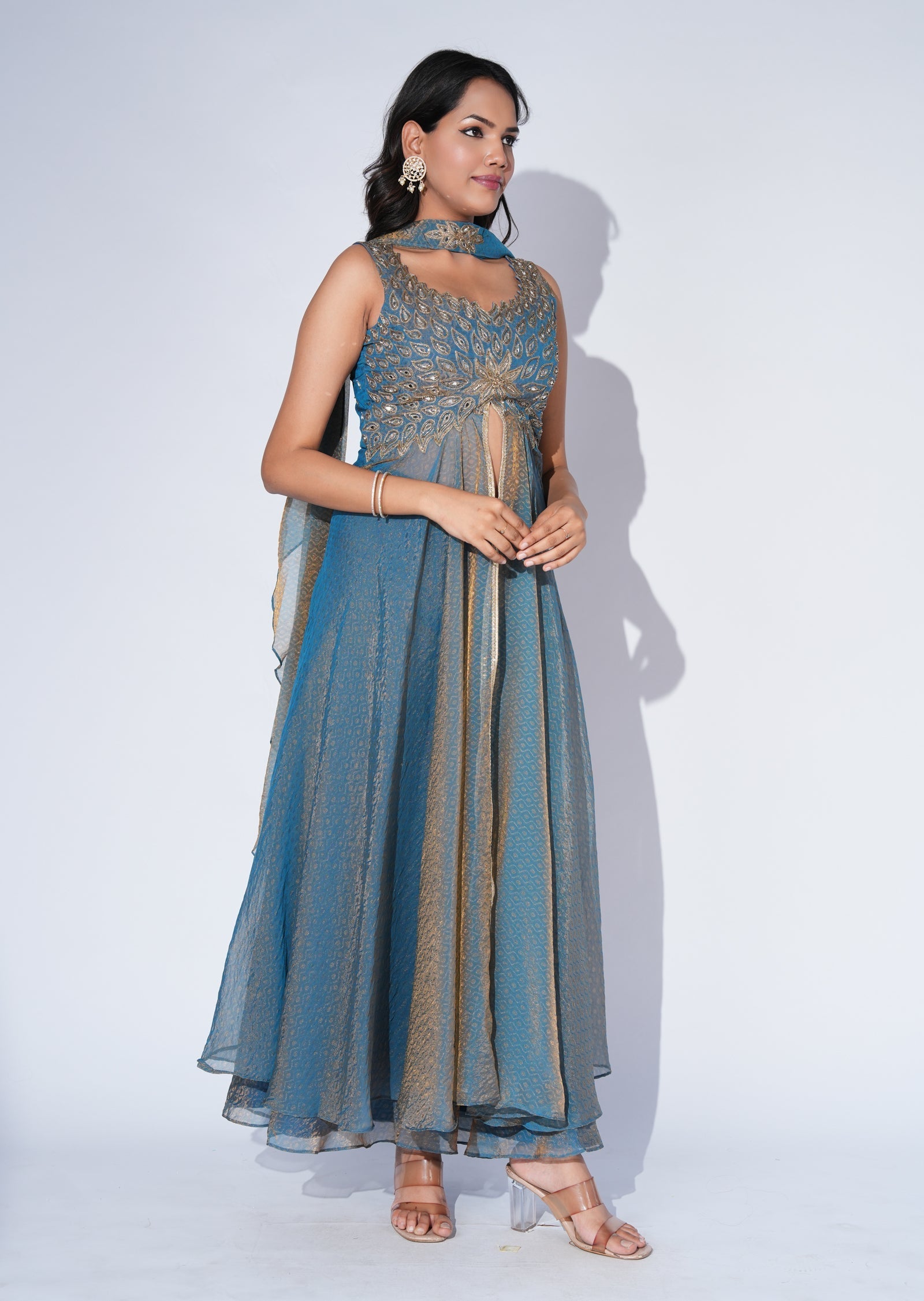 Grey Tissue Anarkali Suit