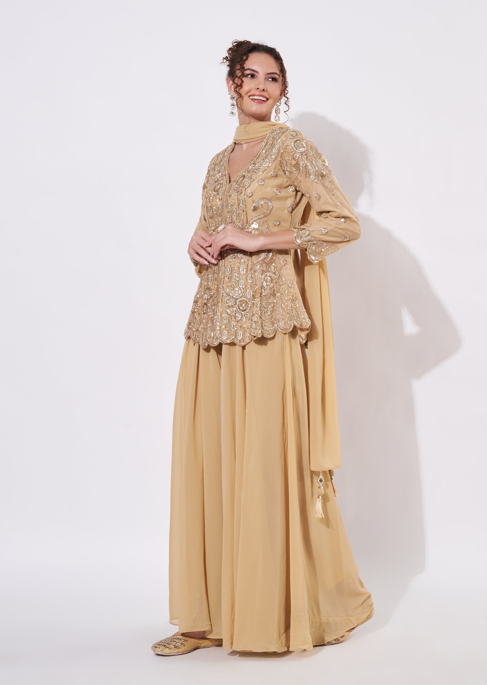 Beige Net Sharara Set