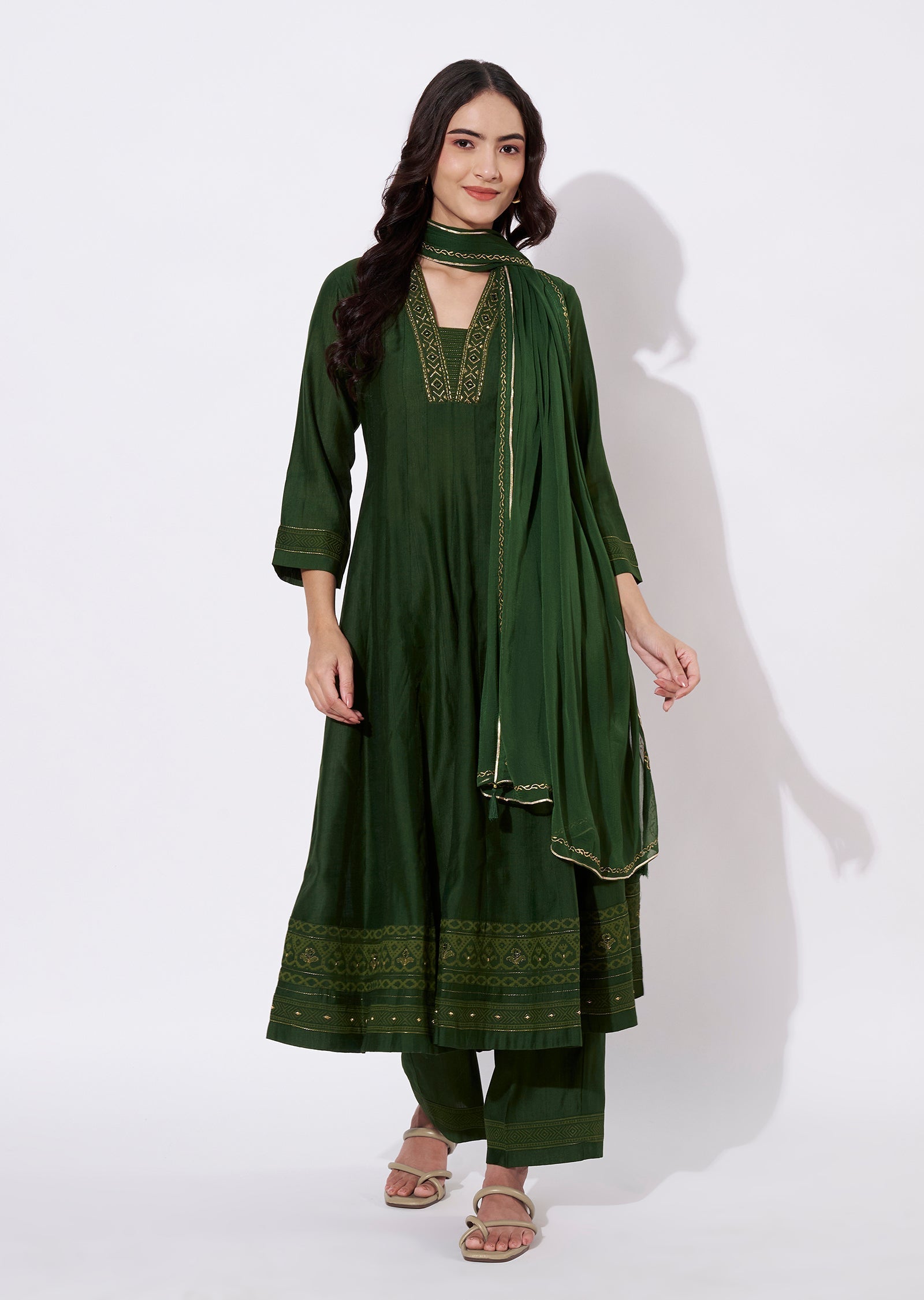 Olive green Gold Anarkali Suit