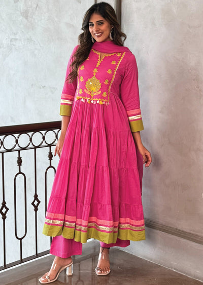 Pink Cotton Anarkali Suit
