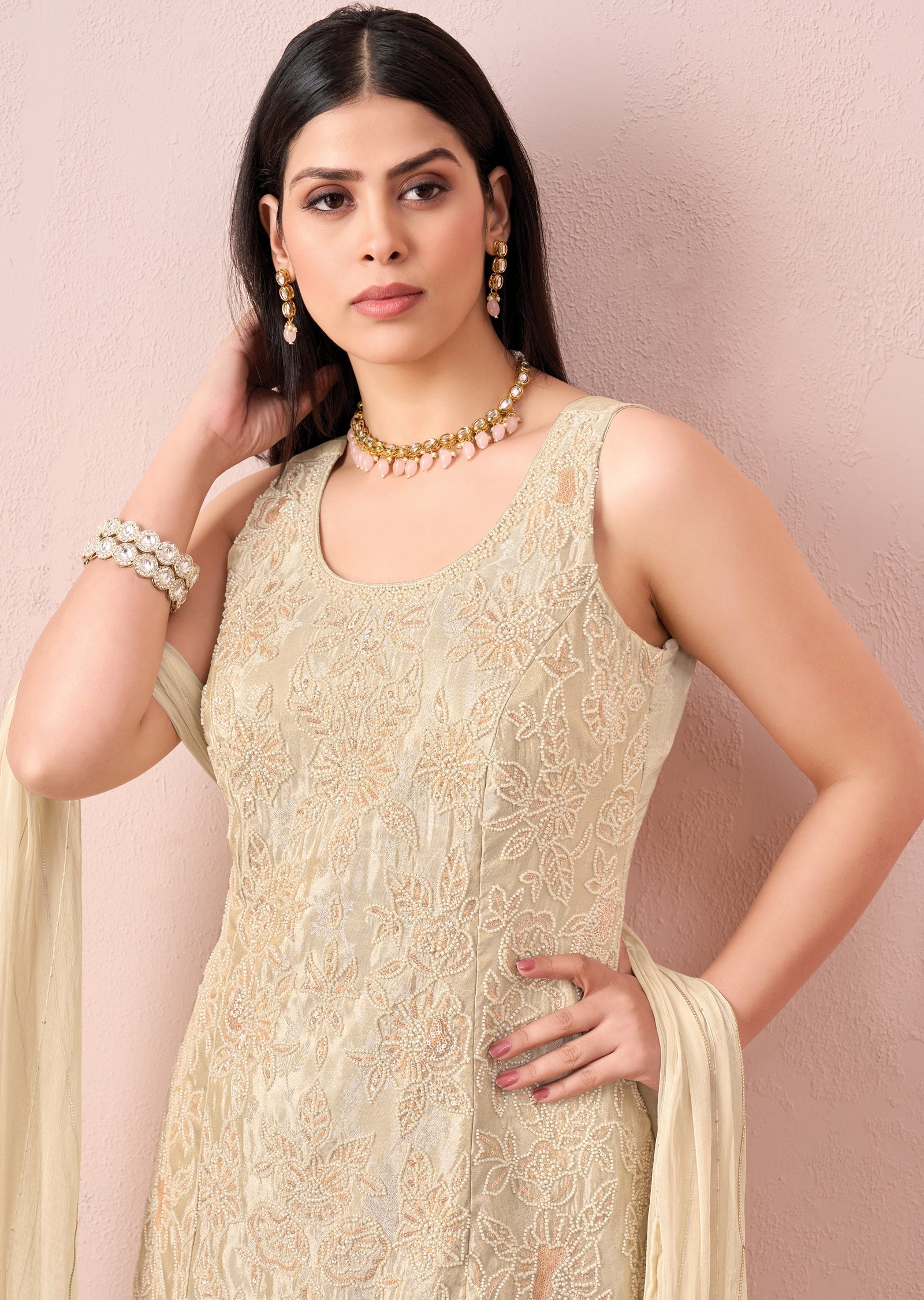 Cream Tissue Sharara Set