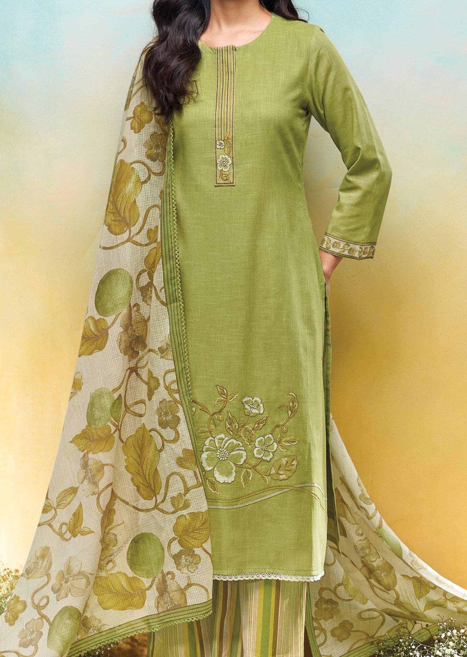Green Cotton Straight cut Suit