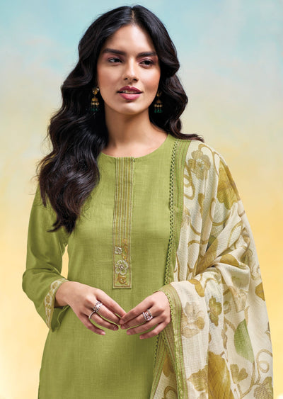 Green Cotton Straight cut Suit