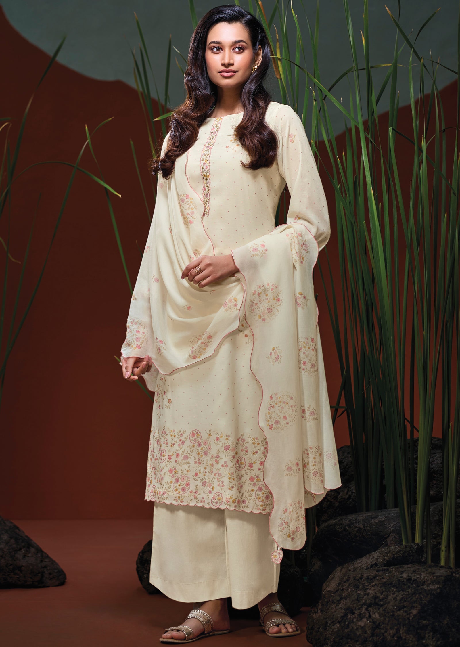 Cream Muslin Straight cut Suit