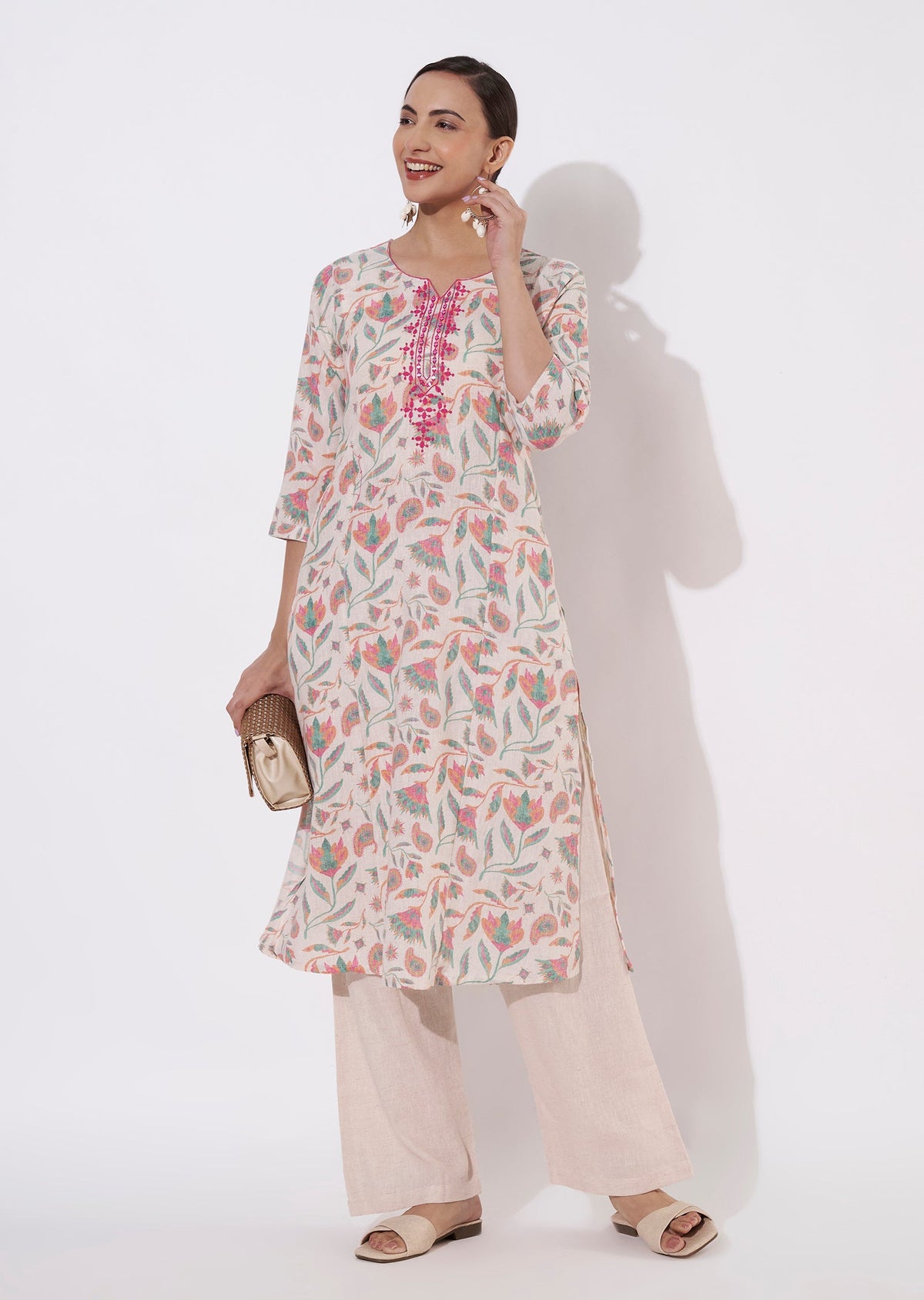 Cream & Pink Cotton Kurti set