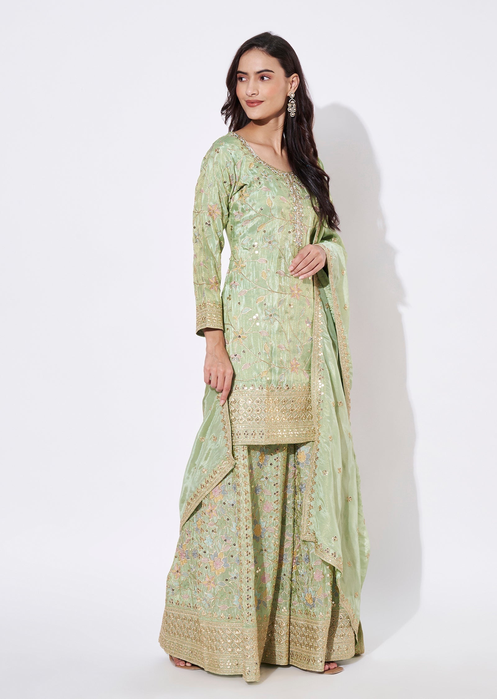 Green Tissue Sharara Set