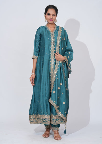 Blue silk Anarkali Suit