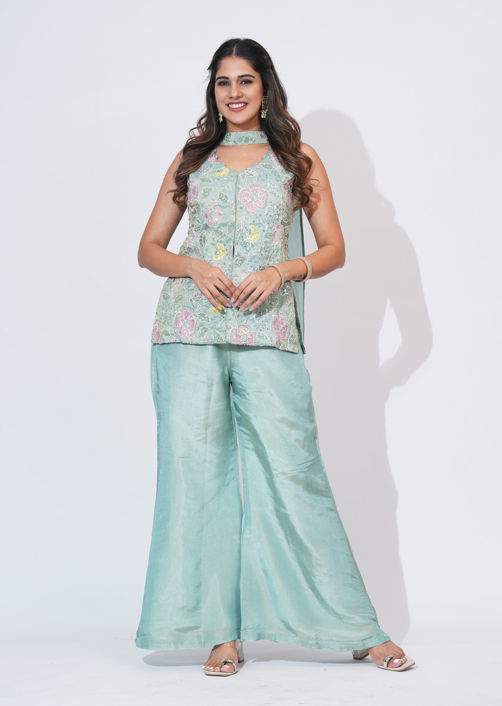 Green Tissue Sharara Set