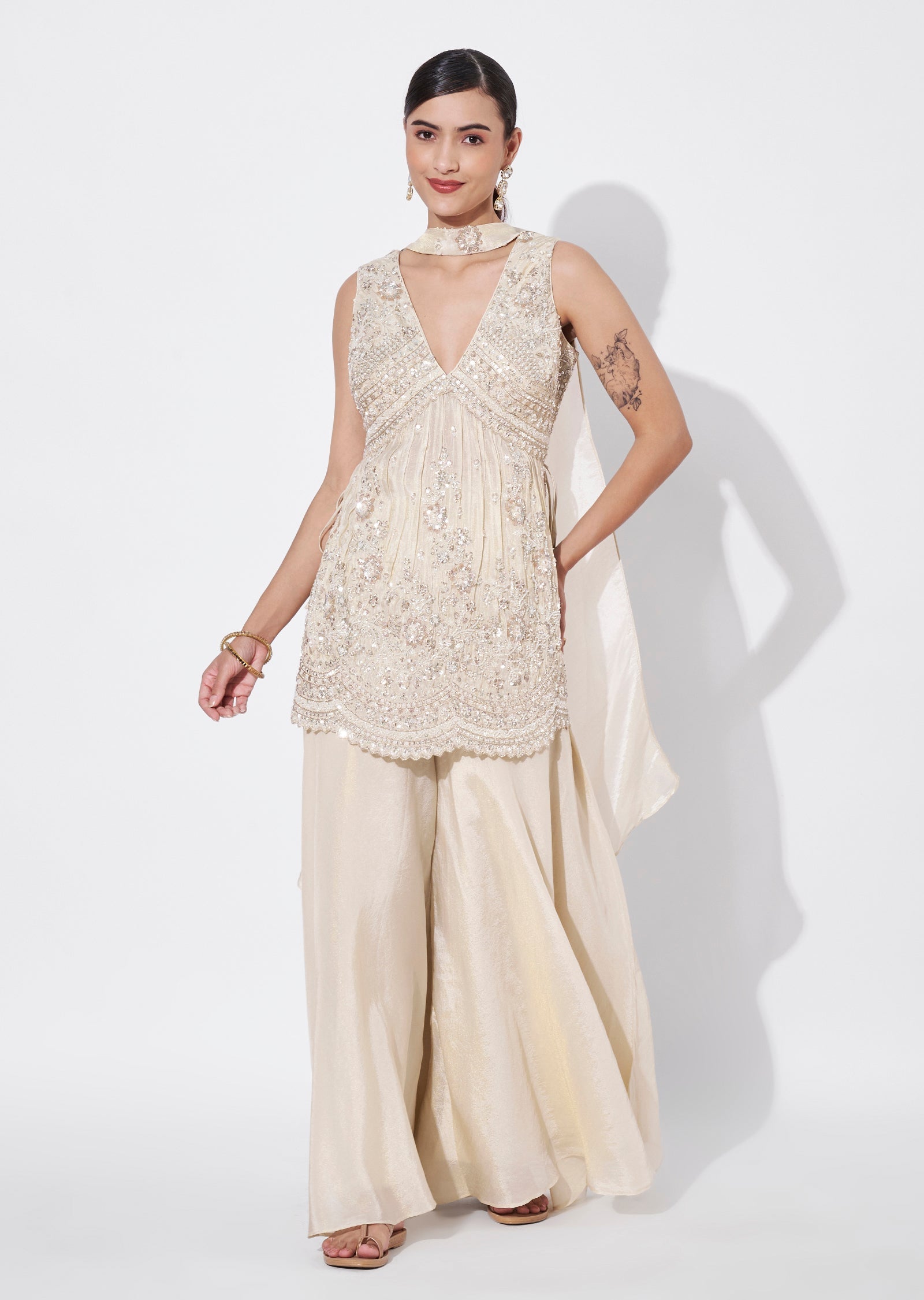 Cream Tissue Sharara Set