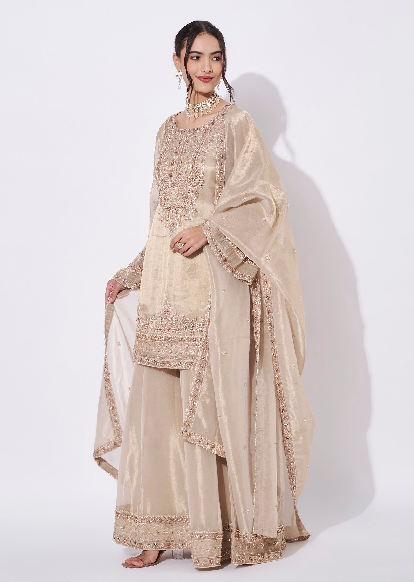 Beige Organza Sharara Set
