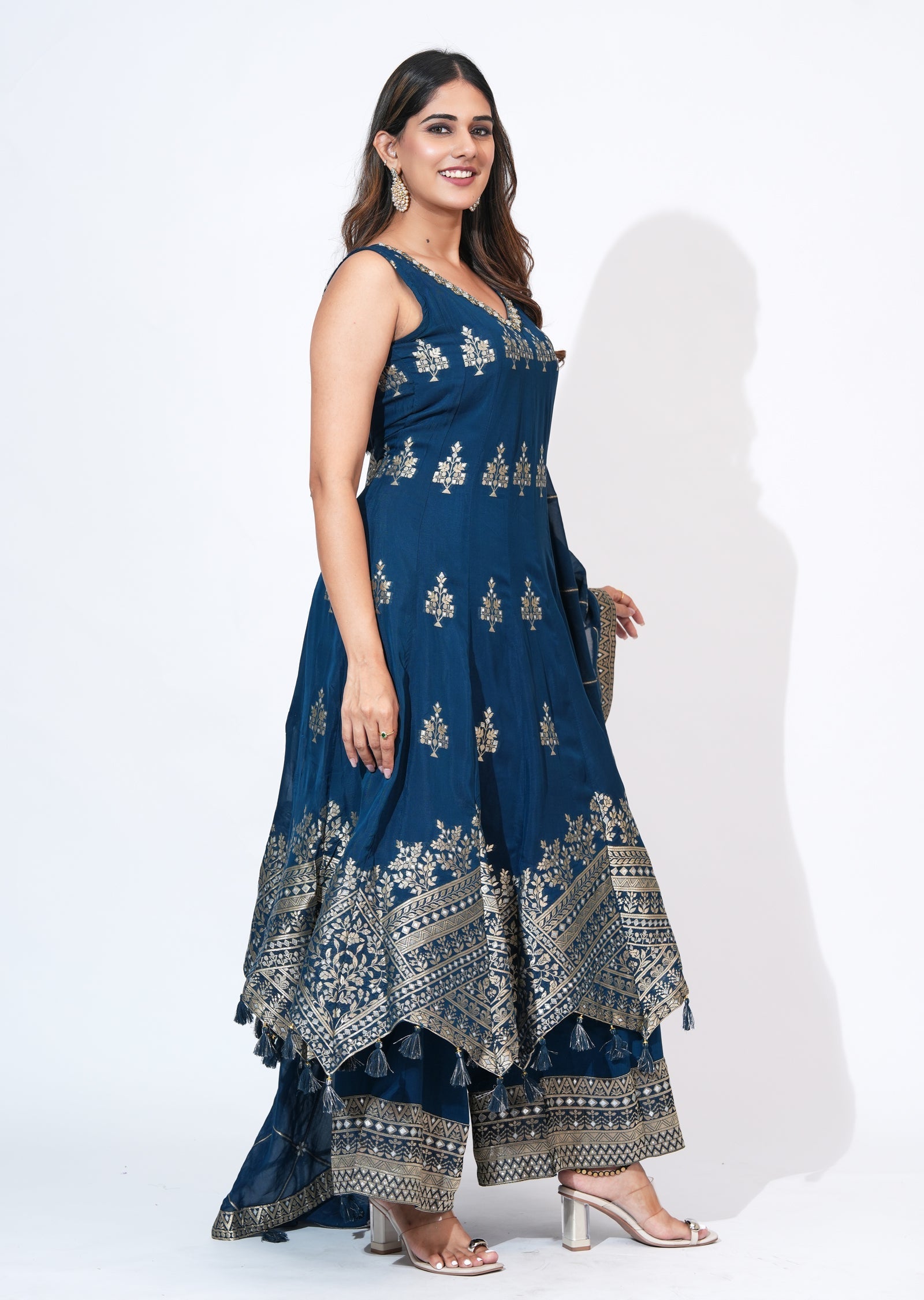 Blue Chinnon Anarkali Set