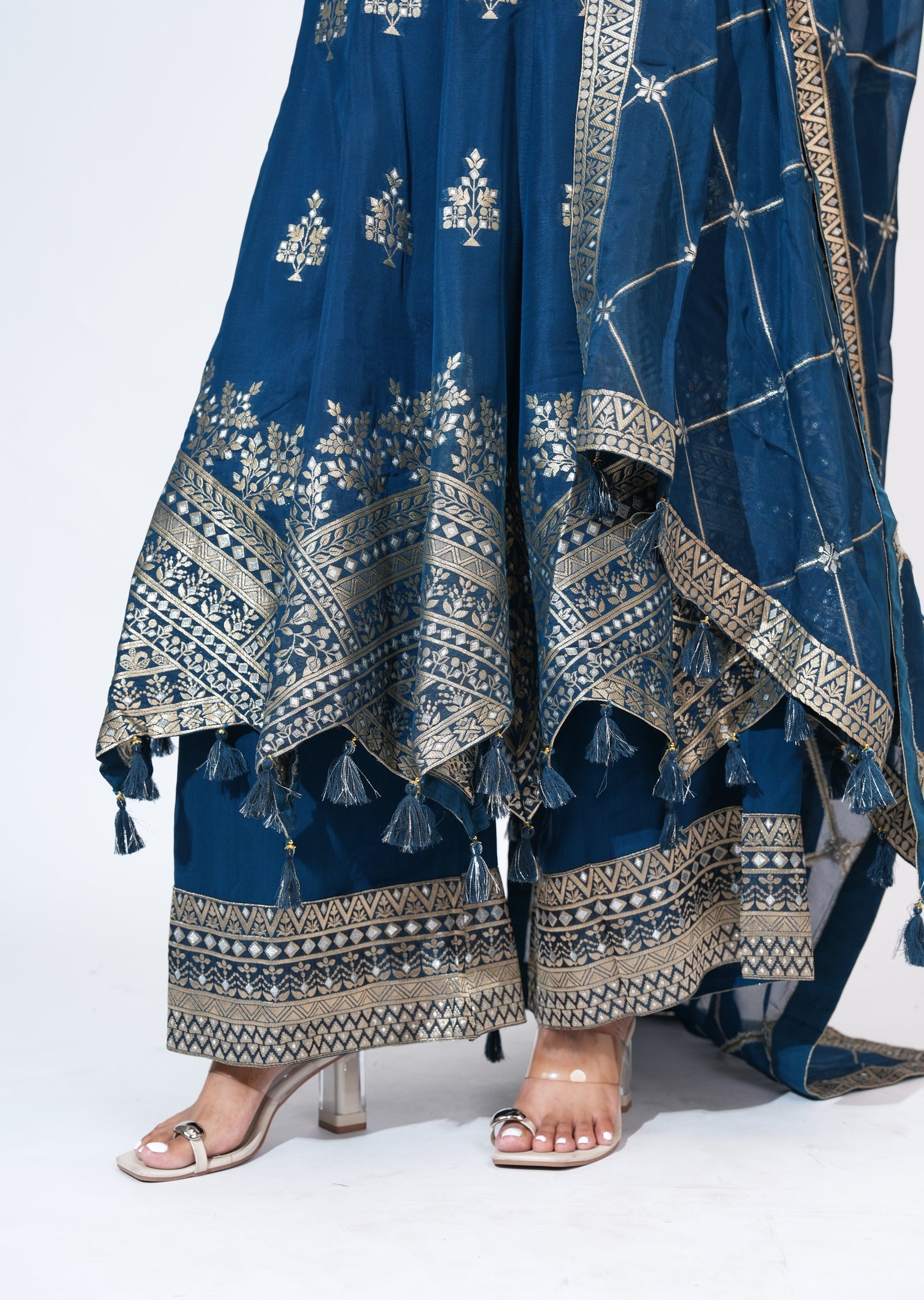 Blue Chinnon Anarkali Set