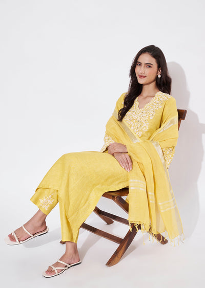 Light Yellow Cotton Straight Cut Suit