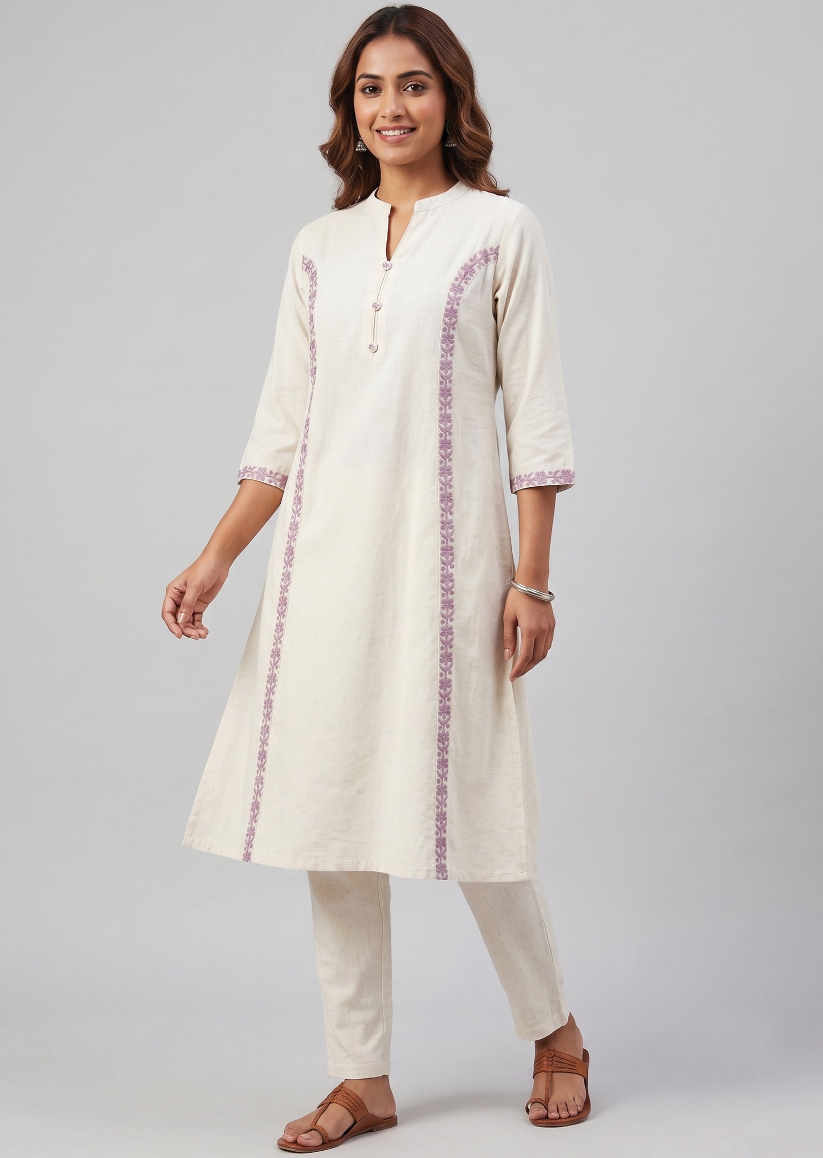 Cream & purple Cotton Kurti Set
