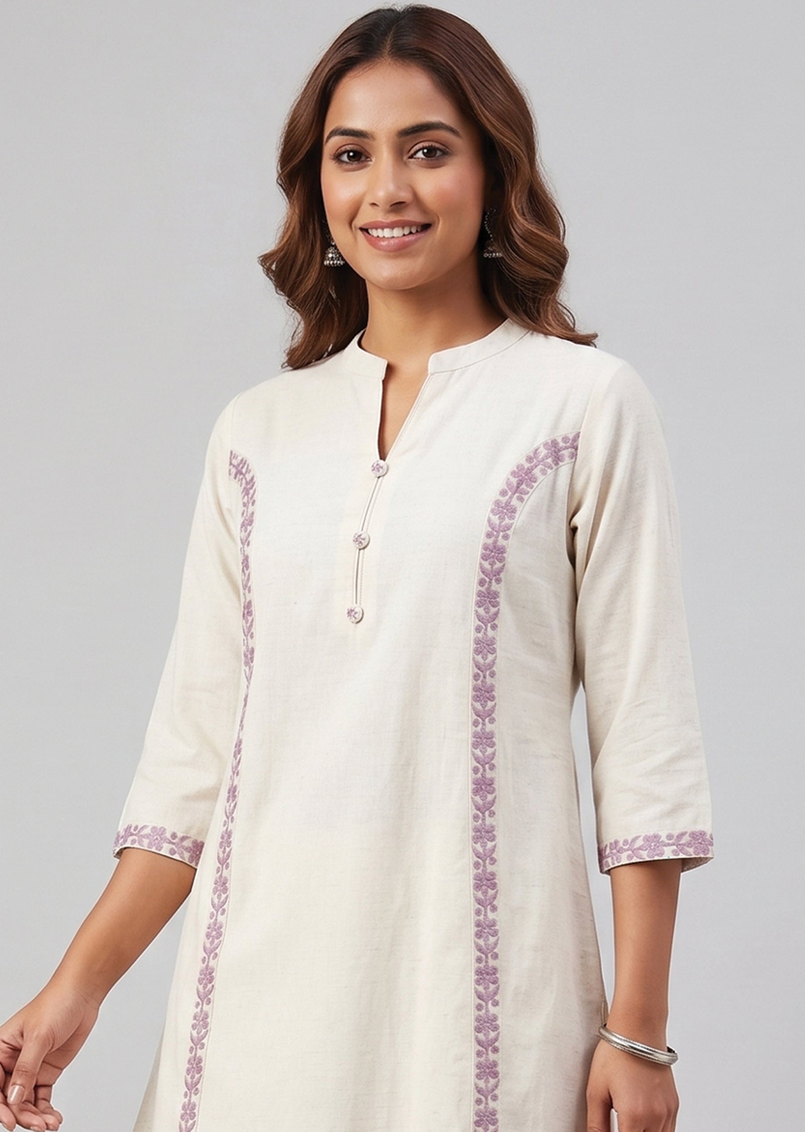 Cream & purple Cotton Kurti Set