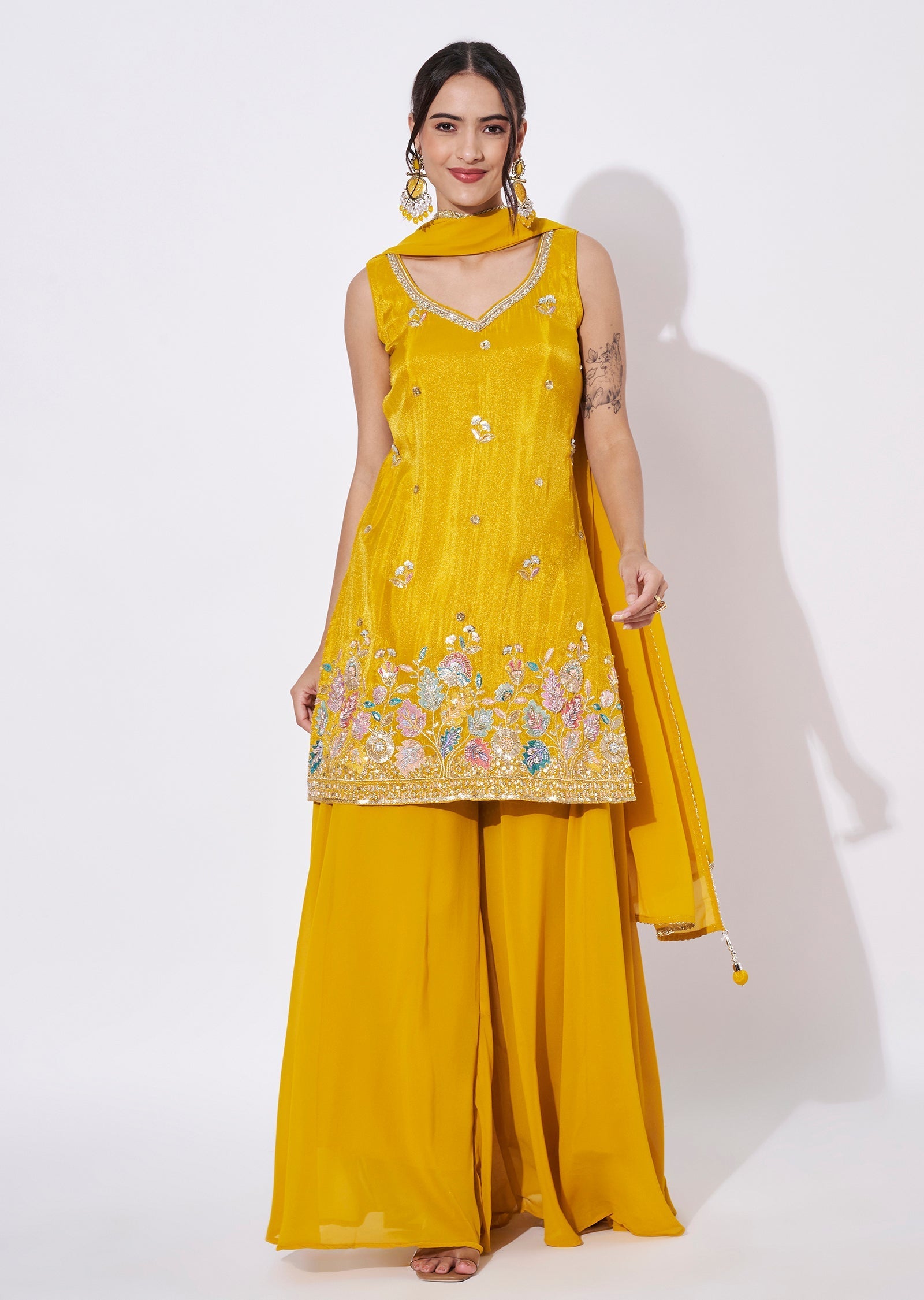 Mustard Tissue Sharara Set