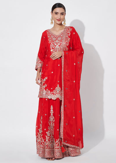 Red Chinnon Sharara Set