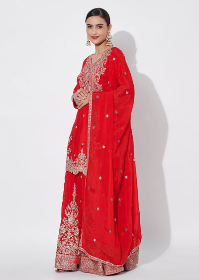 Red Chinnon Sharara Set