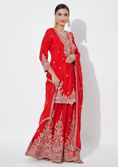 Red Chinnon Sharara Set