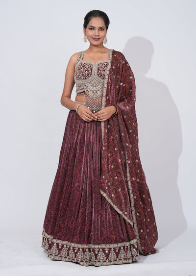 Wine Chinnon Lehenga Set