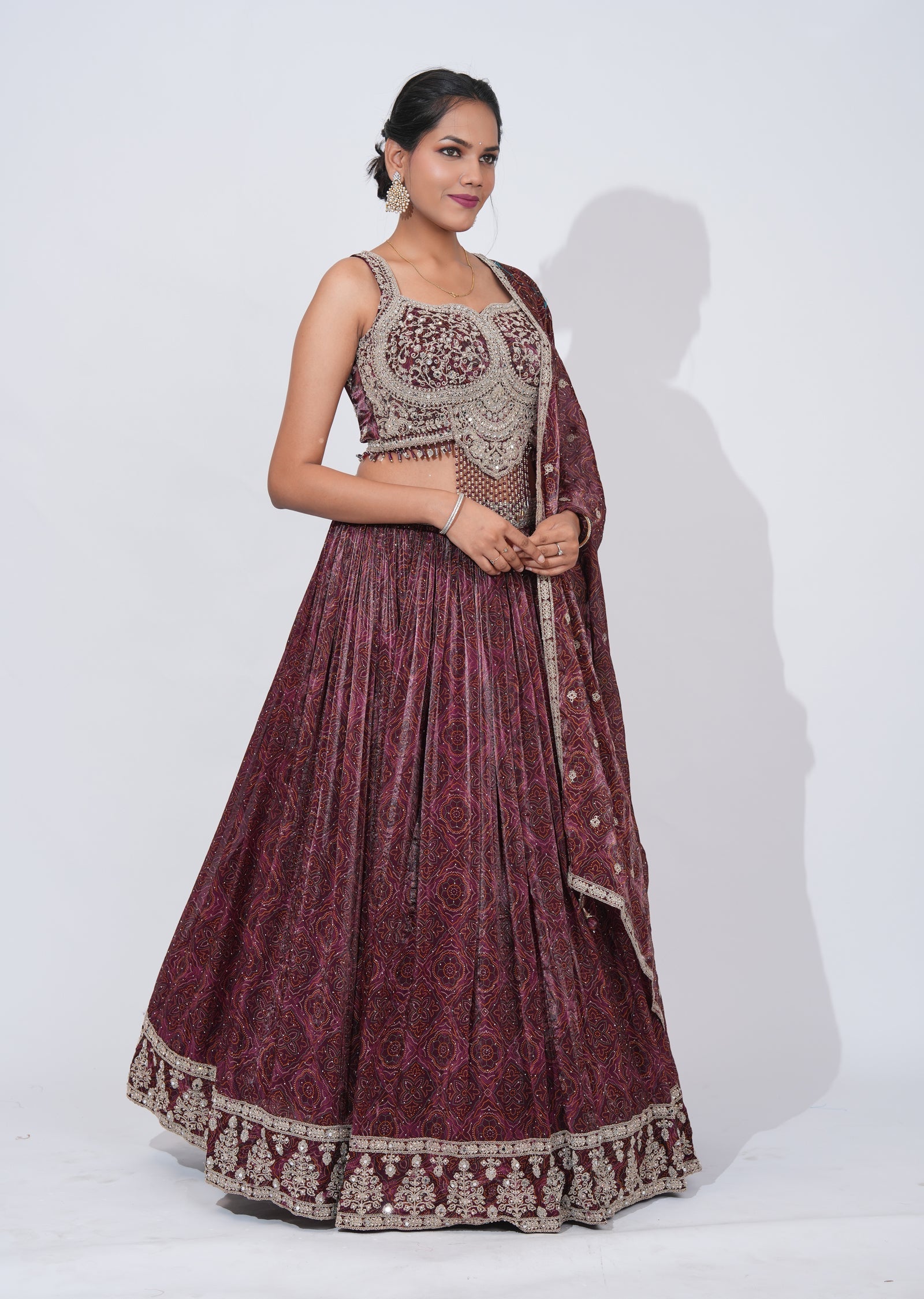 Wine Chinnon Lehenga Set