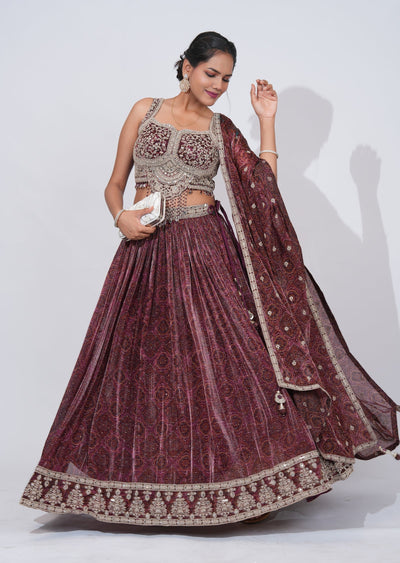 Wine Chinnon Lehenga Set