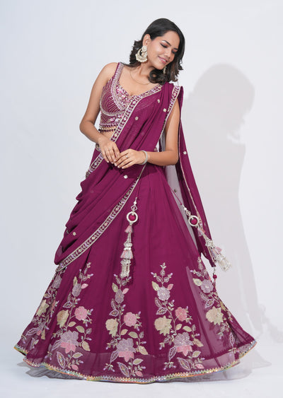 Wine Georgette Lehenga Set