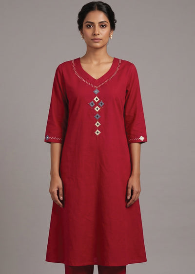 Red Cotton Kurti Set