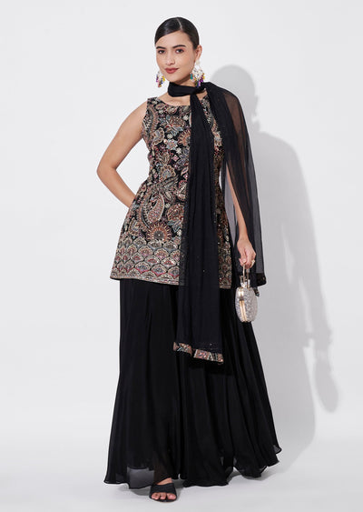 Black Silk Sharara Set