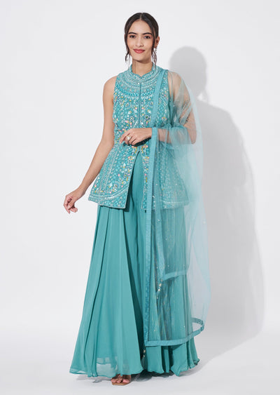 Blue Georgette Sharara Set