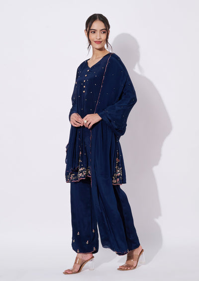 Navy Blue Chinnon Sharara Set