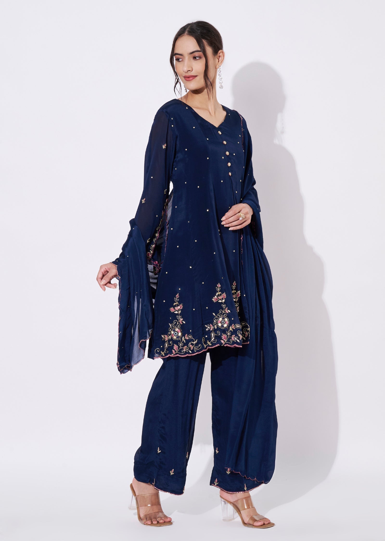 Navy Blue Chinnon Sharara Set