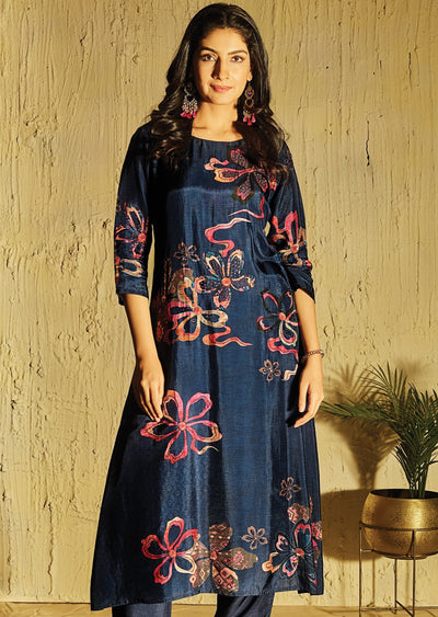 Navy Blue Dola Silk Kurti Set