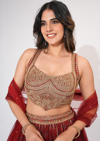 Maroon Silk Crop top Set