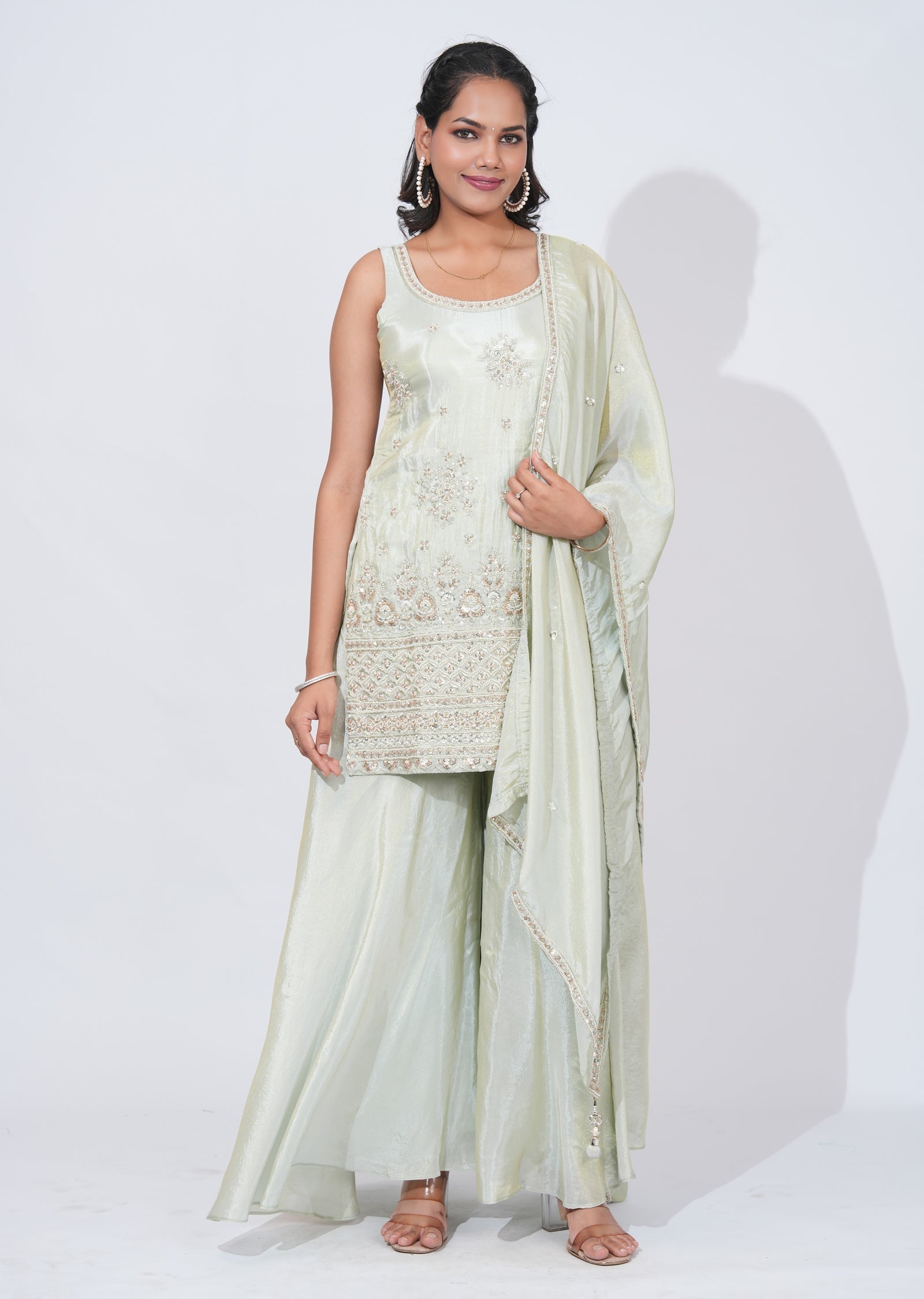 Green Tissue Sharara Set